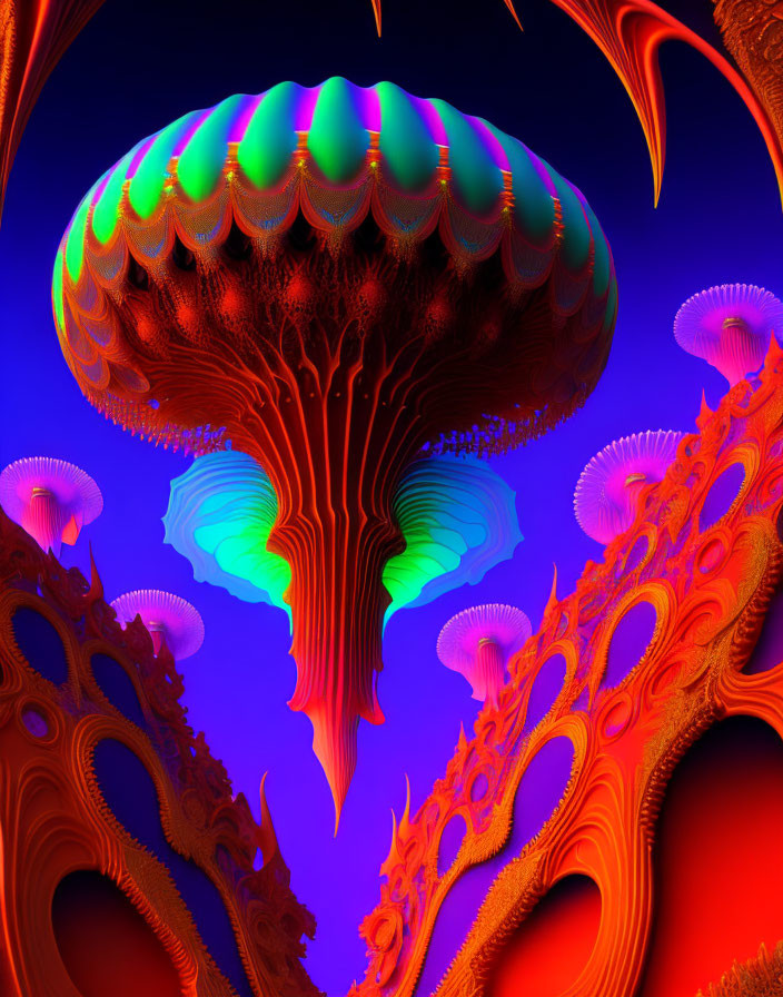 Colorful Fractal Image: Jellyfish Structure in Iridescent Colors on Blue Background