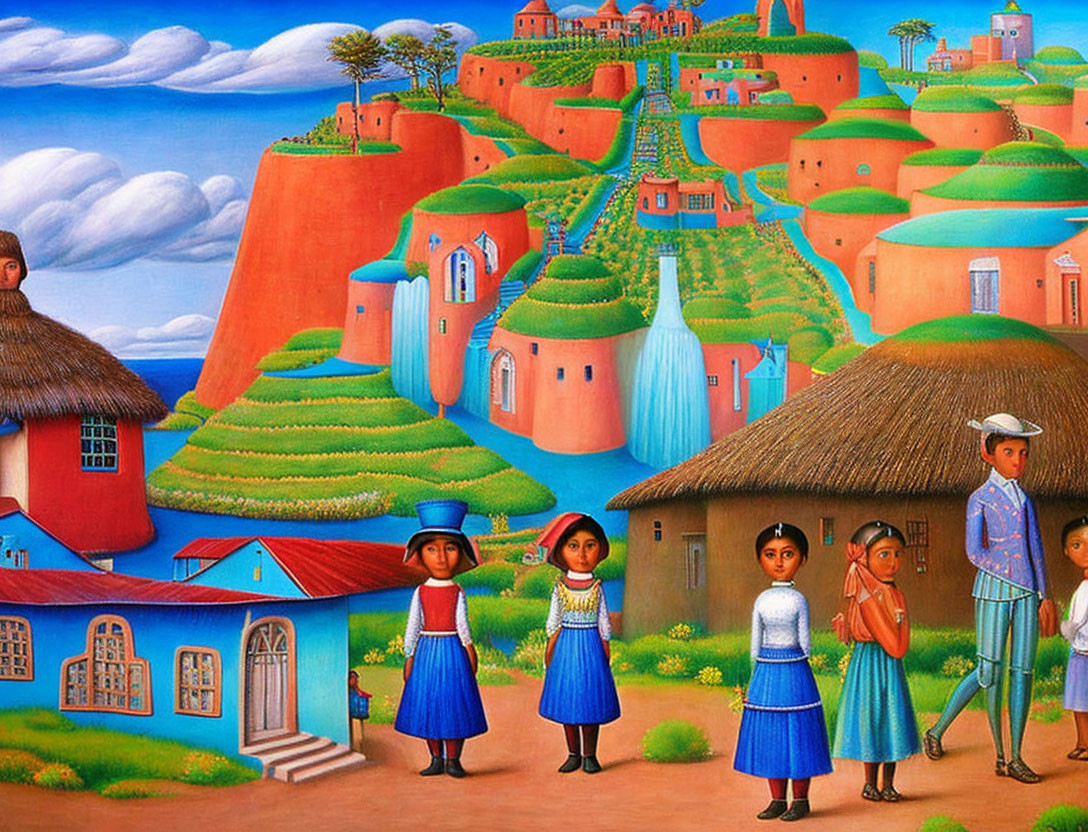 Colorful Folk Art Painting of Terracotta Houses & Traditional Attire