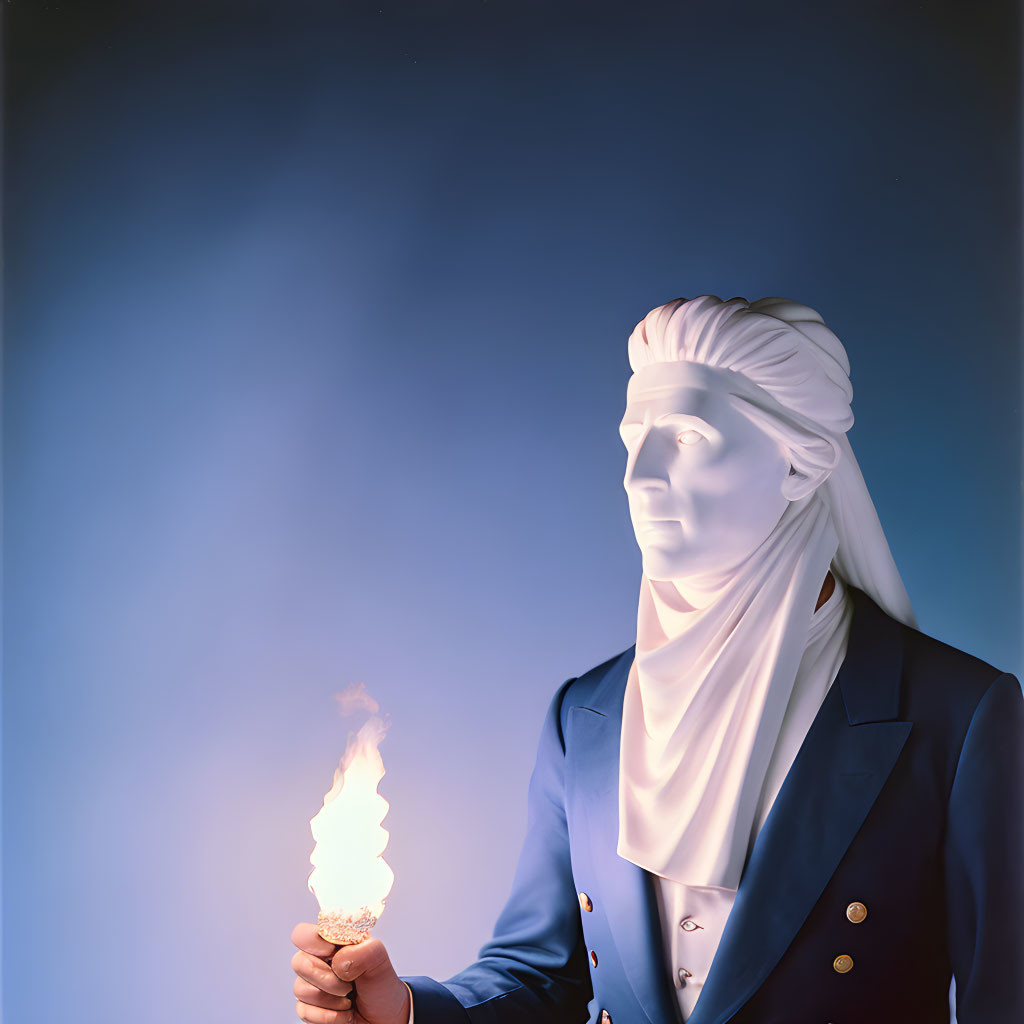 Statue-like figure in suit with blindfold, holding flame on blue background