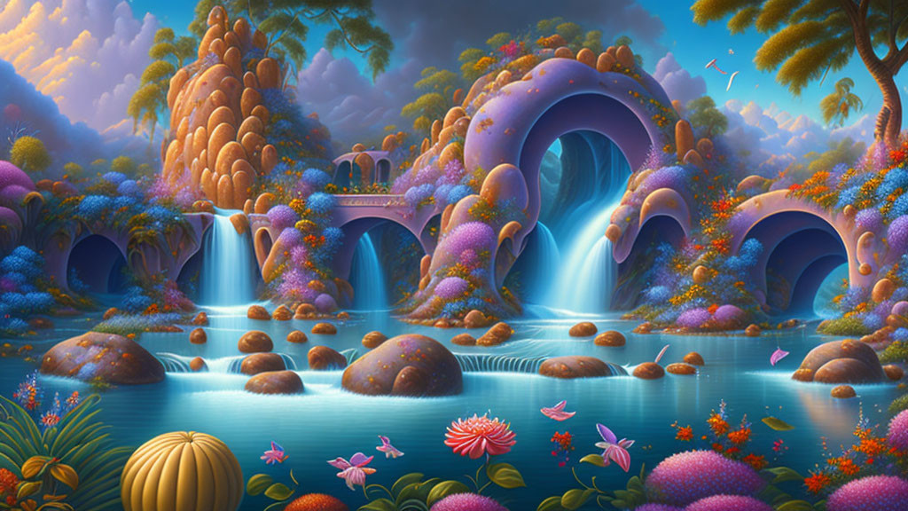 Fantastical landscape with colorful flora, waterfalls, and serene lake