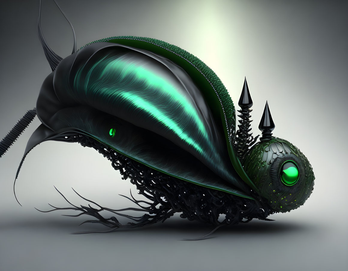 Futuristic alien creature with metallic body and green eyes