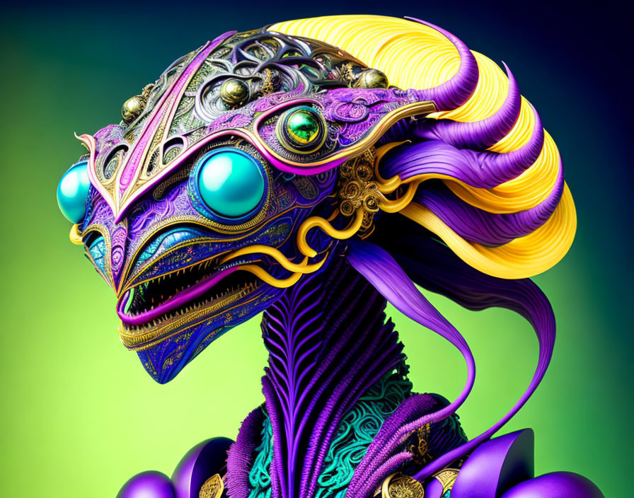 Colorful digital art: Intricate alien with blue eyes, purple and gold details on green gradient.