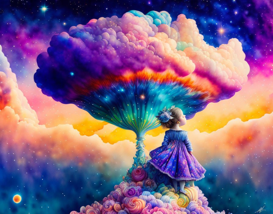 Child in starry dress gazes at tree cloud in cosmic scene