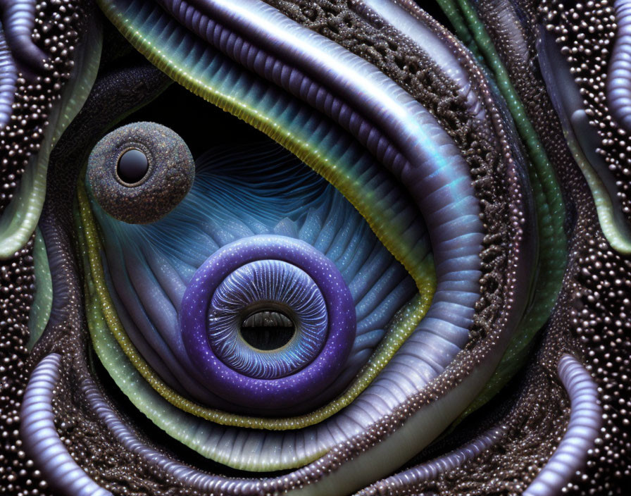 Fractal art with eye-like patterns in purple, blue, and brown swirls