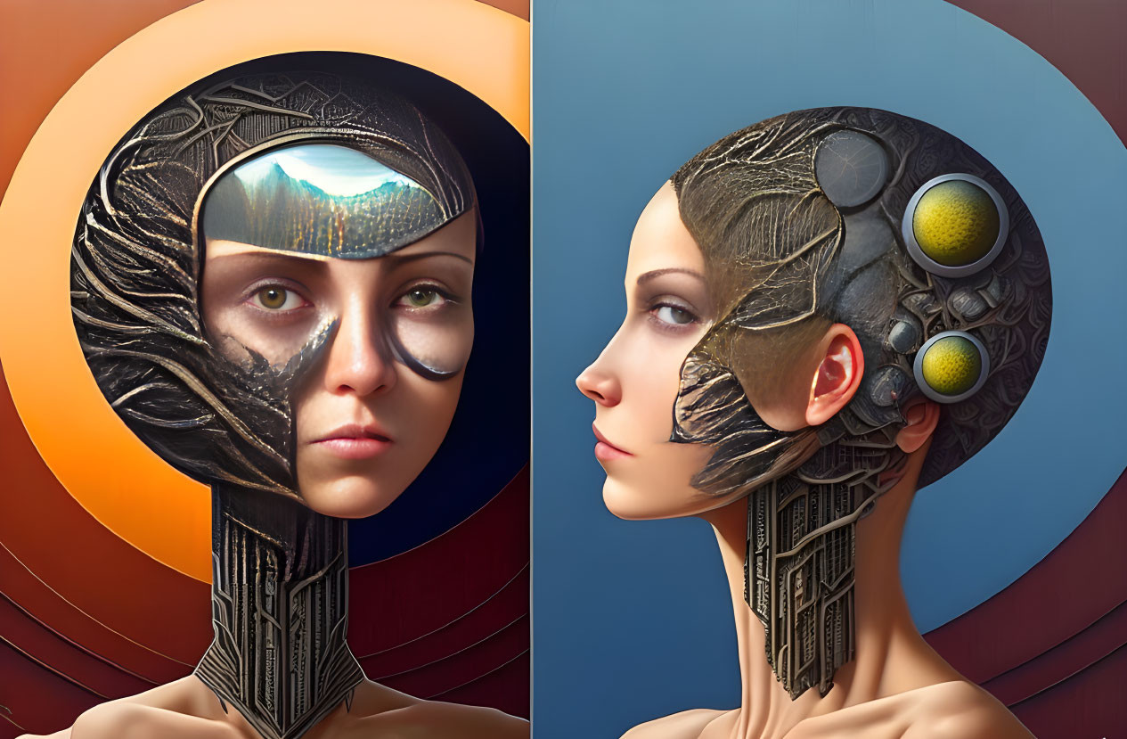 Futuristic female figure with metallic headpiece on warm abstract backdrop