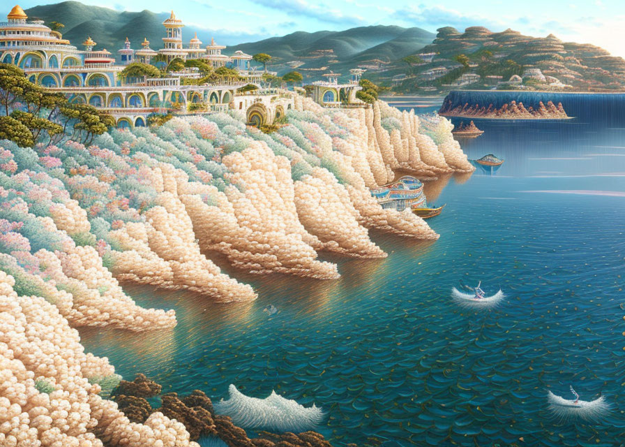 Fantastical landscape with flowering coastline and ornate buildings