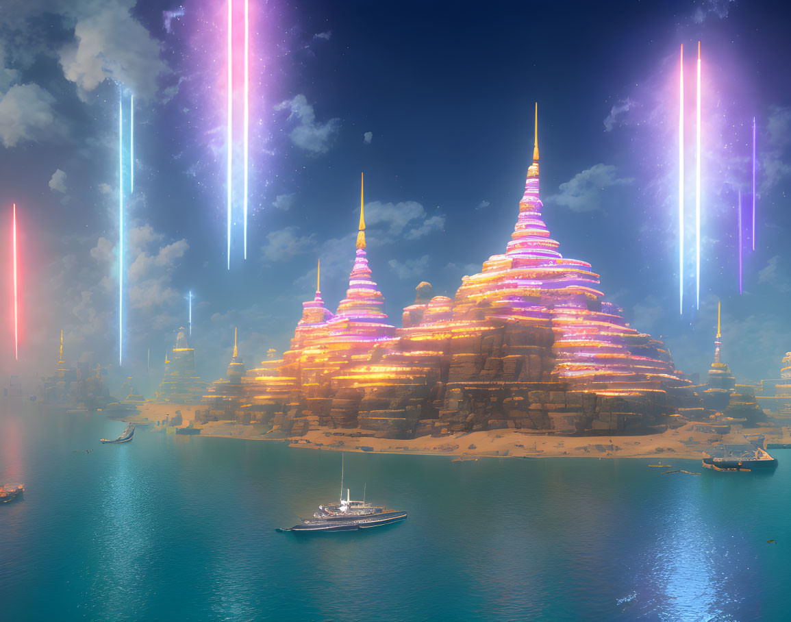 Illuminated futuristic city with ziggurat-like structures by serene waters