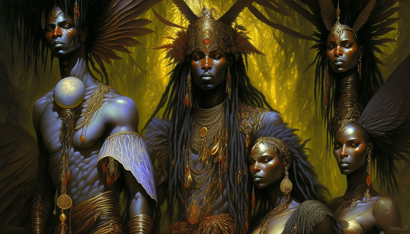 Regal dark-skinned figures in golden tribal attire on moody backdrop