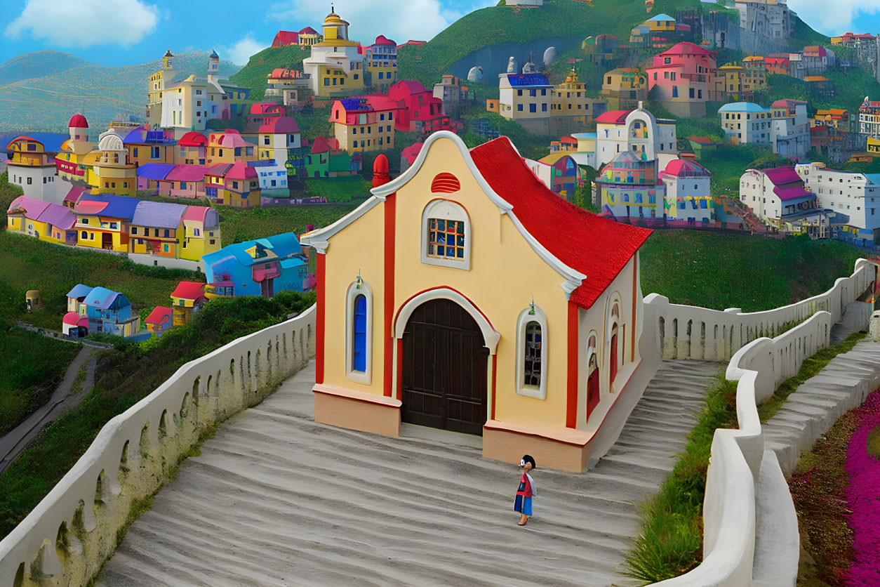 Picturesque hilltop village scene with small church and child.