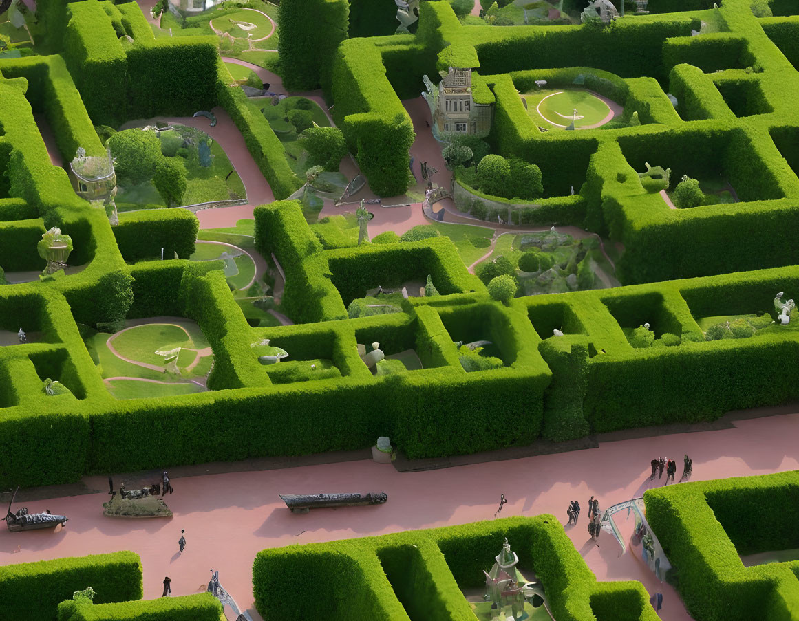 Lush Green Hedge Maze with People Walking in Manicured Surroundings