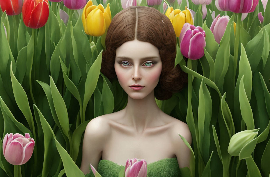 Digital artwork: Woman with brown hair among colorful tulips