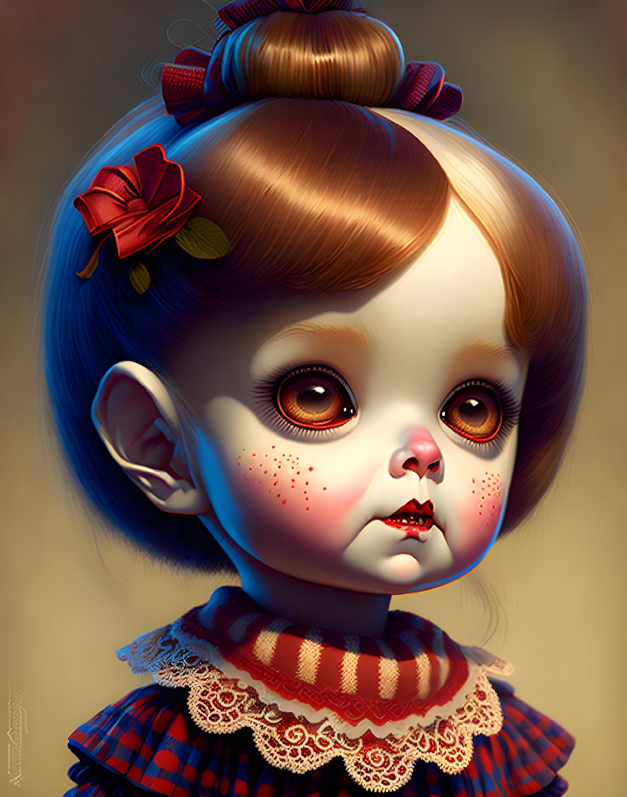 Portrait of doll-like girl with large eyes and red flower, wearing checkered dress.