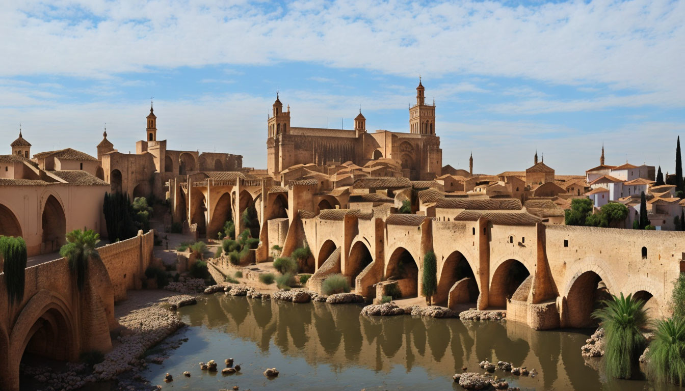 Ancient Fortified City with Cathedral, Arched Bridge, and River View