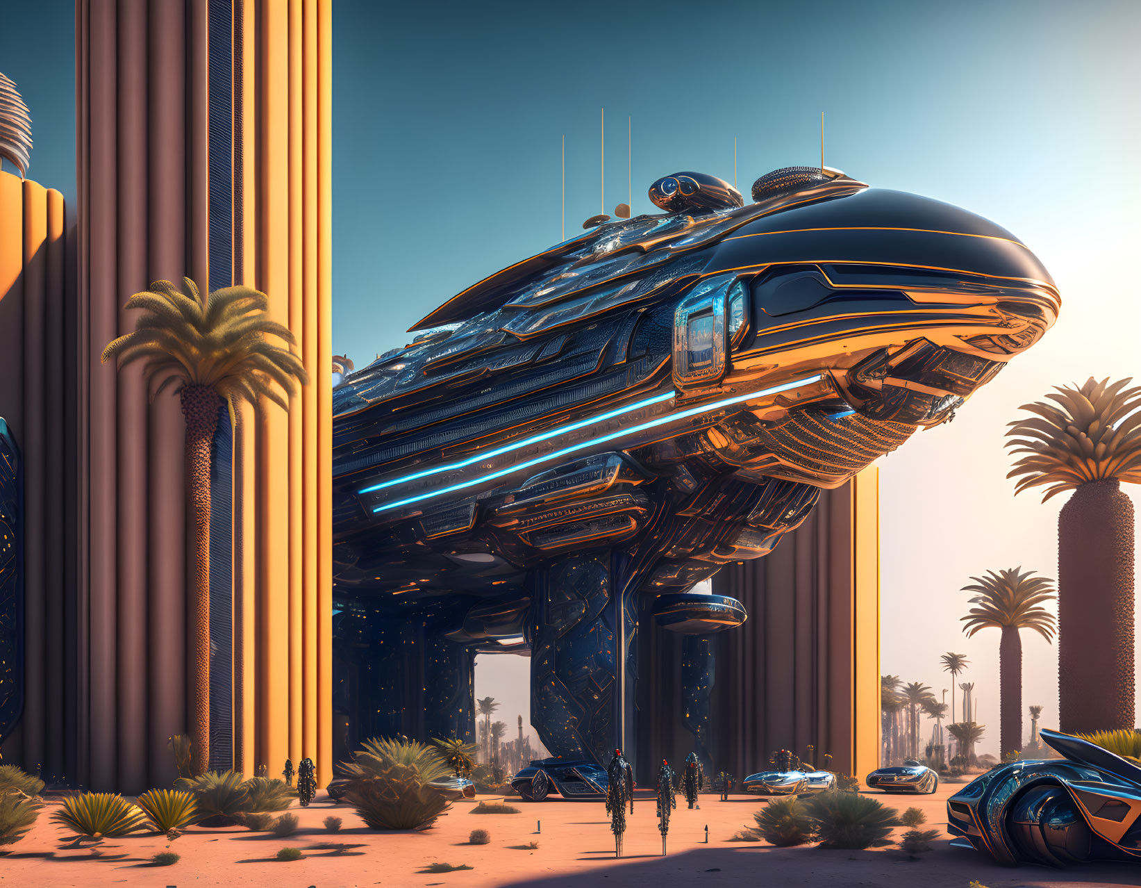 Large spaceship hovers near tall pillars in futuristic desert scene