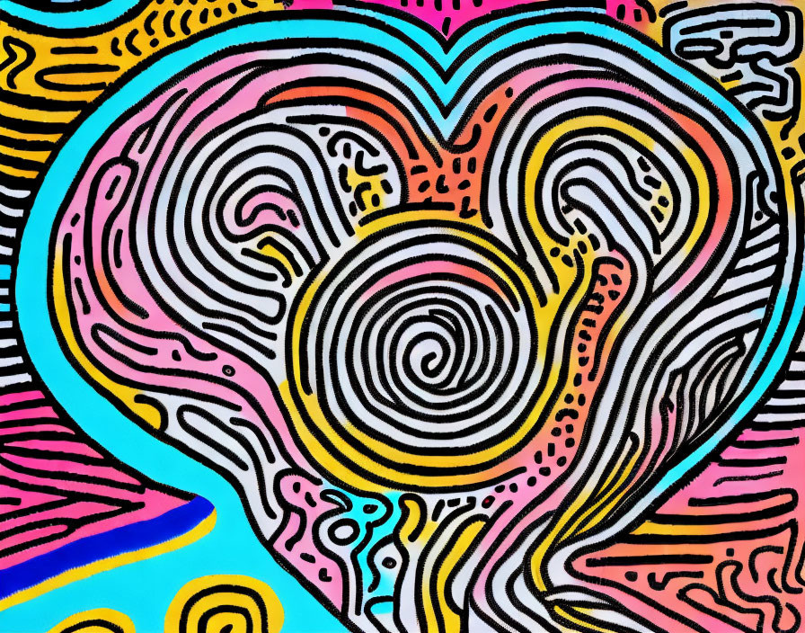 Colorful Abstract Drawing with Heart Shape and Swirling Patterns