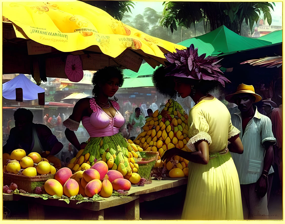 Women shopping for fruit in elegant dresses and hats at a vibrant market.