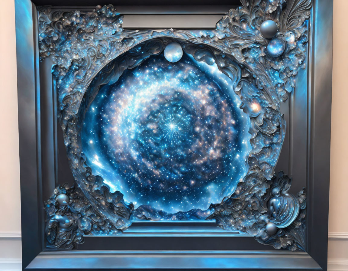 Baroque-style frame merges with cosmic galaxy in 3D artwork