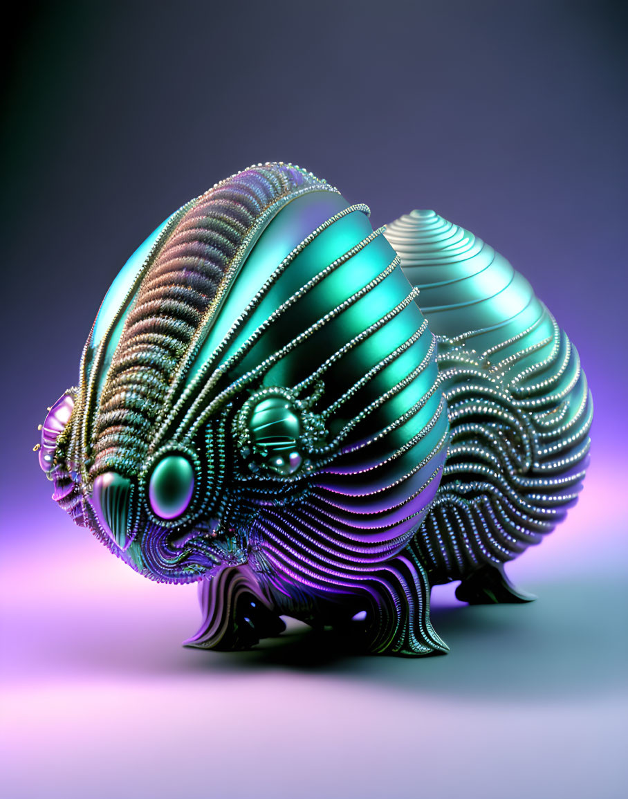 Intricate purple and teal metallic shell sculpture on soft purple backdrop