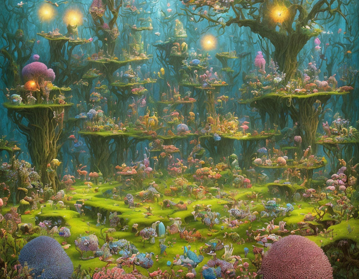 Fantasy forest with luminescent flora, floating platforms, and whimsical creatures