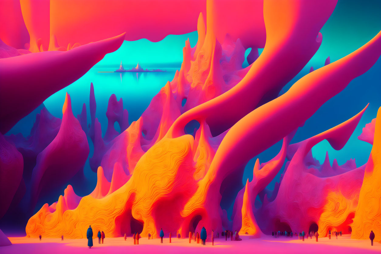 Colorful surreal landscape with twisted tree-like structures under a teal and red sky