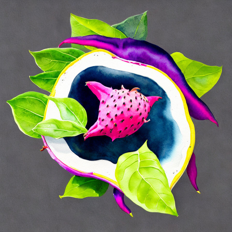 Colorful Watercolor Painting of Dragon Fruit Cross-Section with Green Leaves