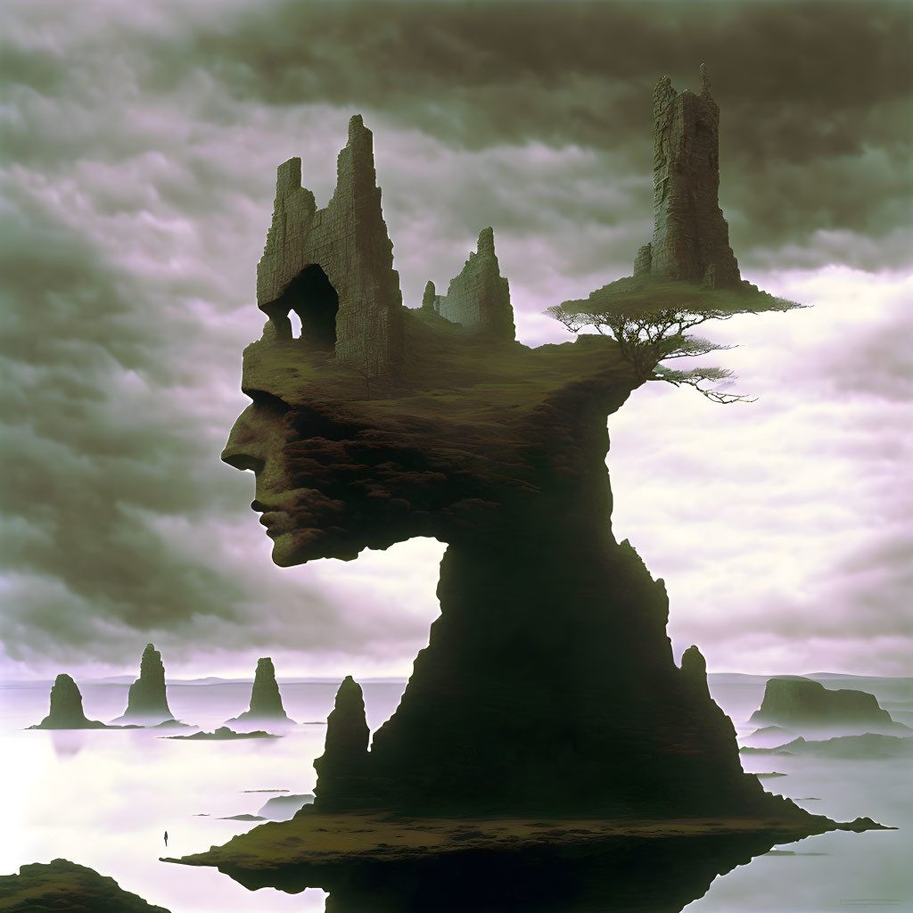 Surreal landscape with human profile rock formation, towers, tree, and misty sea