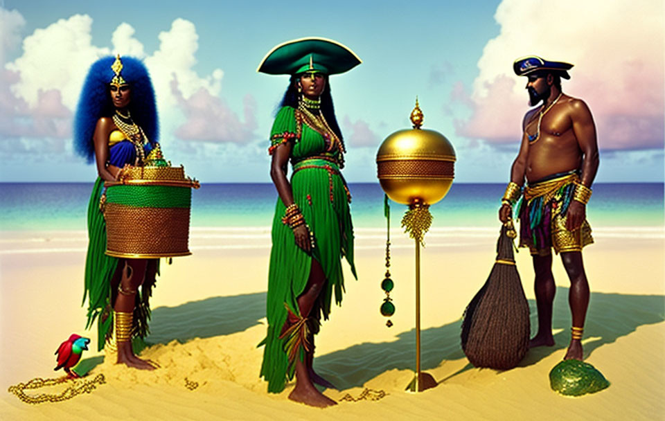 Three individuals in ornate, culturally-inspired costumes on a sunny beach with a parrot and decorative objects