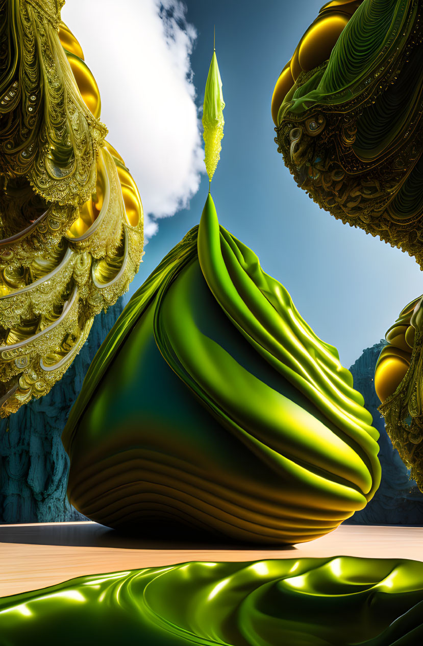 Surreal landscape: glossy, fractal-shaped objects in green and gold hues under blue sky with