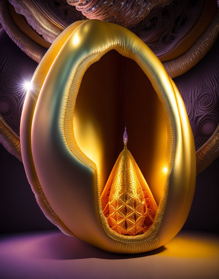 Golden egg with orange jewel on purple and brown abstract background