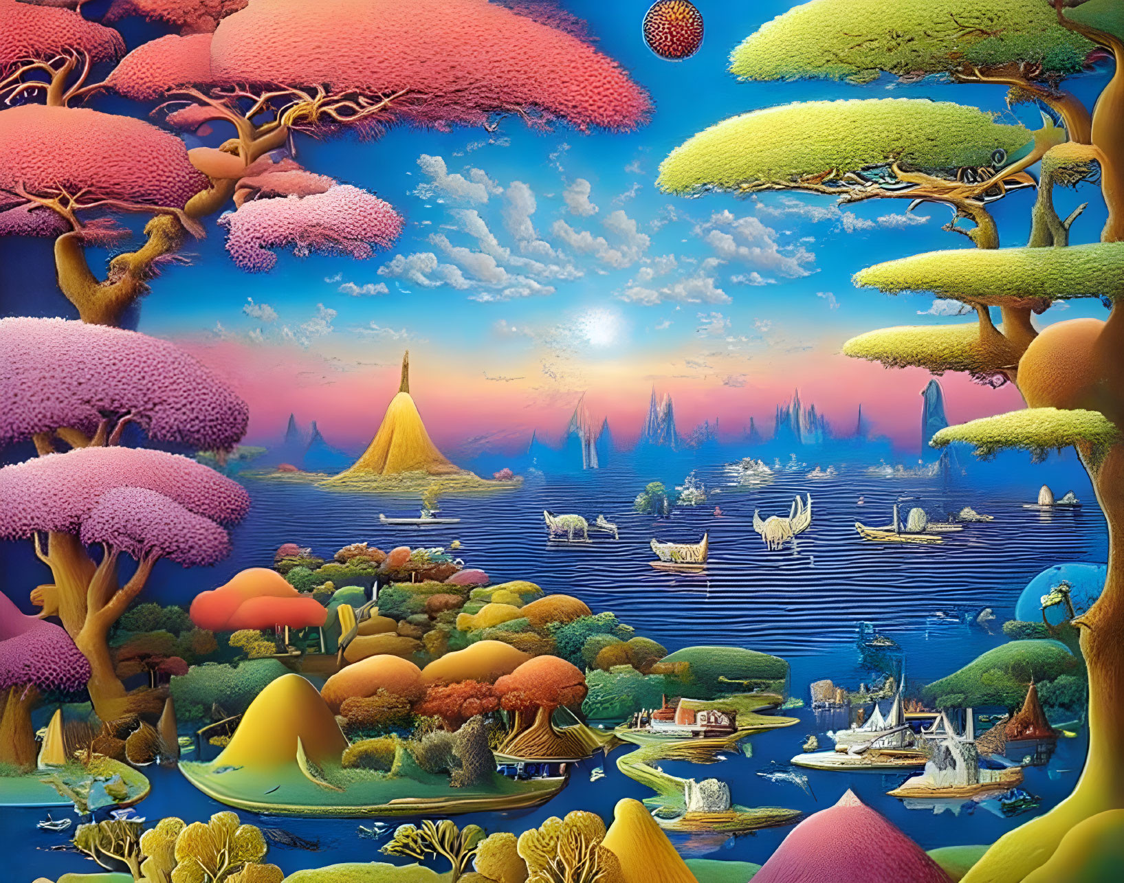 Colorful surreal landscape with whimsical trees, sailboats, and patterned hills