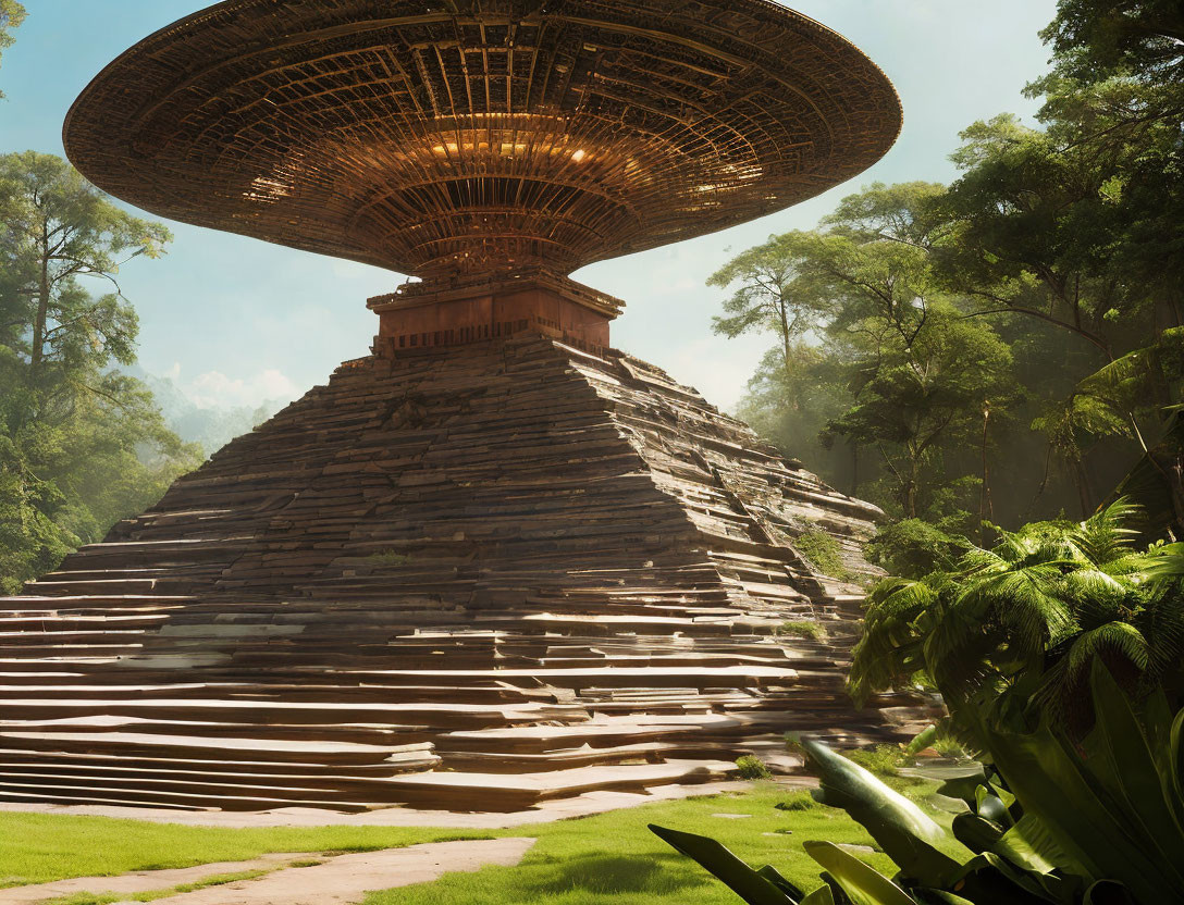 Futuristic stepped pyramid with advanced structure in lush forest