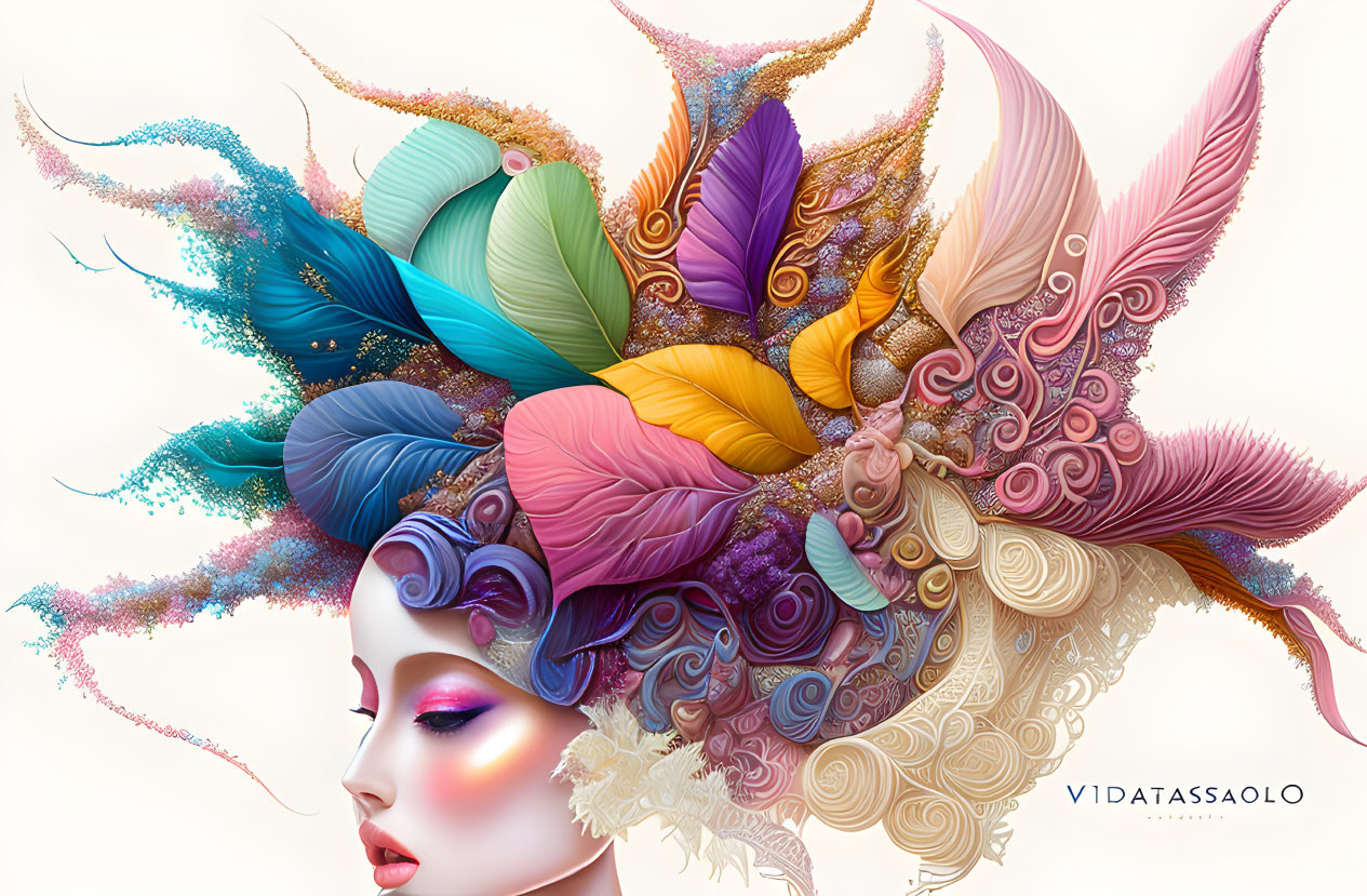 Colorful digital artwork: Woman's profile with intricate feather headdress