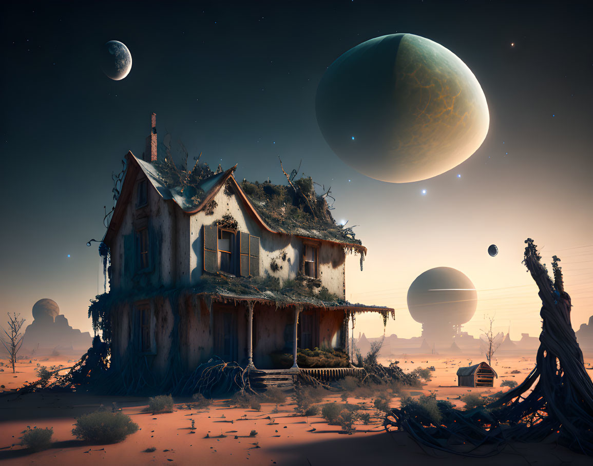 Abandoned house on alien desert planet with looming moons