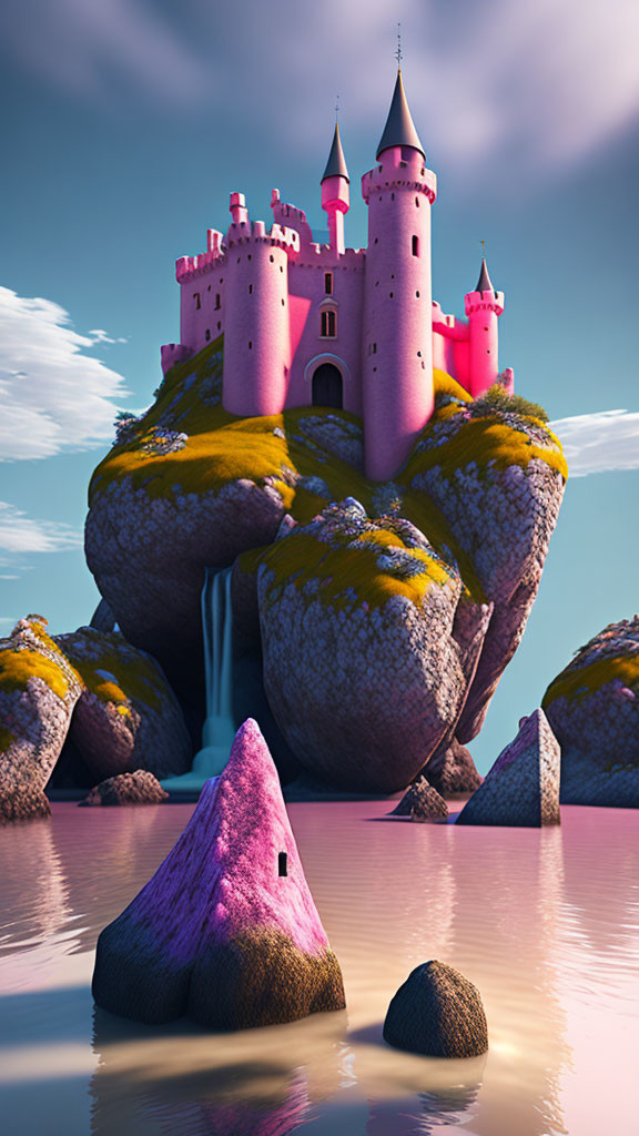 Pink Castle on Mossy Island with Waterfall in Pink Water Scene