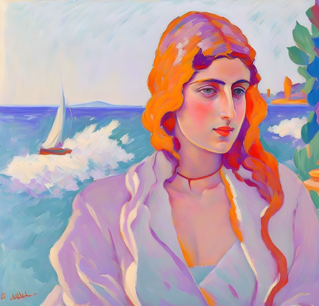 Vibrant painting of woman with orange hair and seascape background