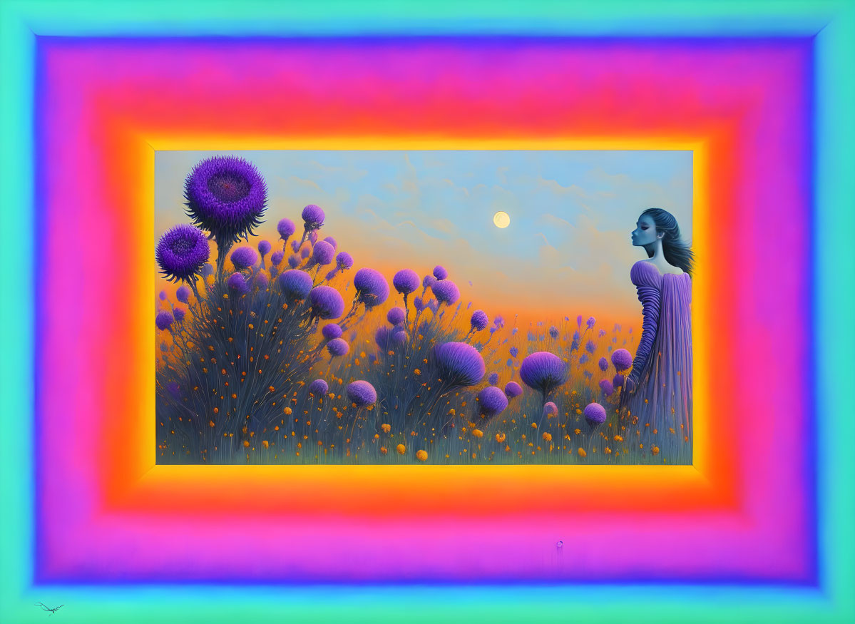 Colorful surreal painting: Woman gazes at moonrise amidst oversized purple flowers