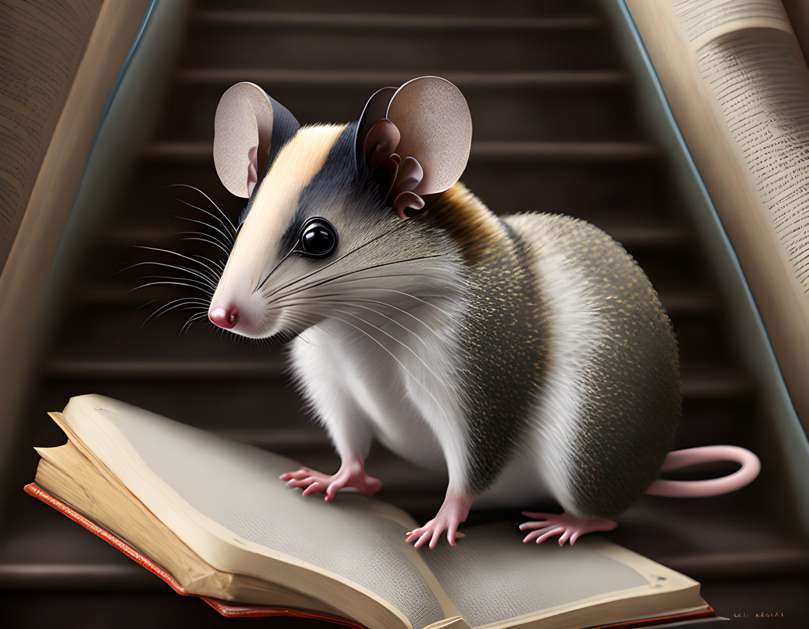 Realistic illustration: Mouse on open book with stacks of books