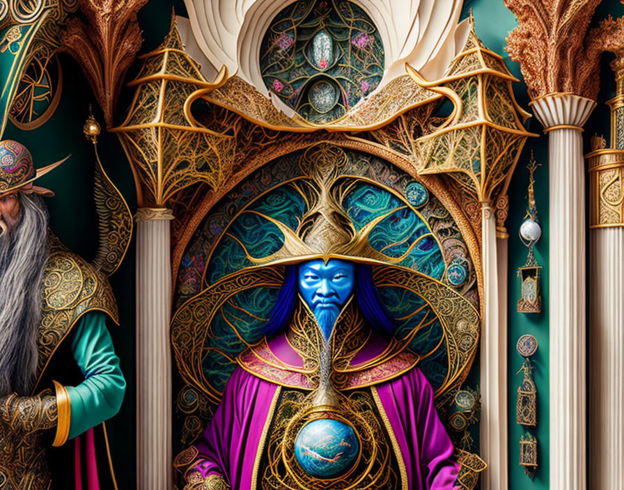 Blue-skinned mystical figure with golden headgear and elder in green, set against intricate architecture.