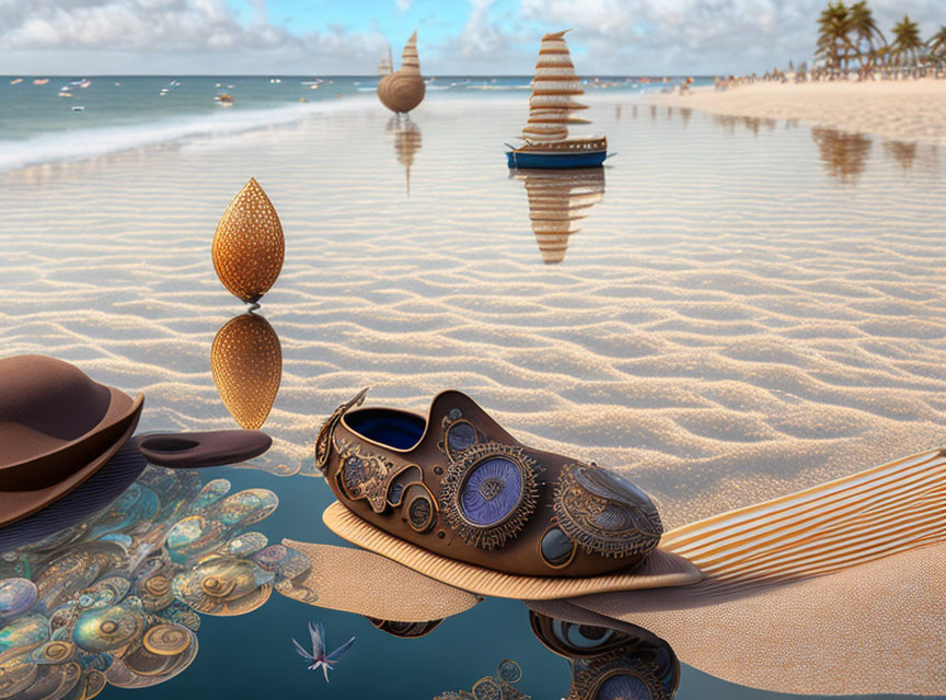 Surreal beach scene with mechanical shell-like objects and floating shapes