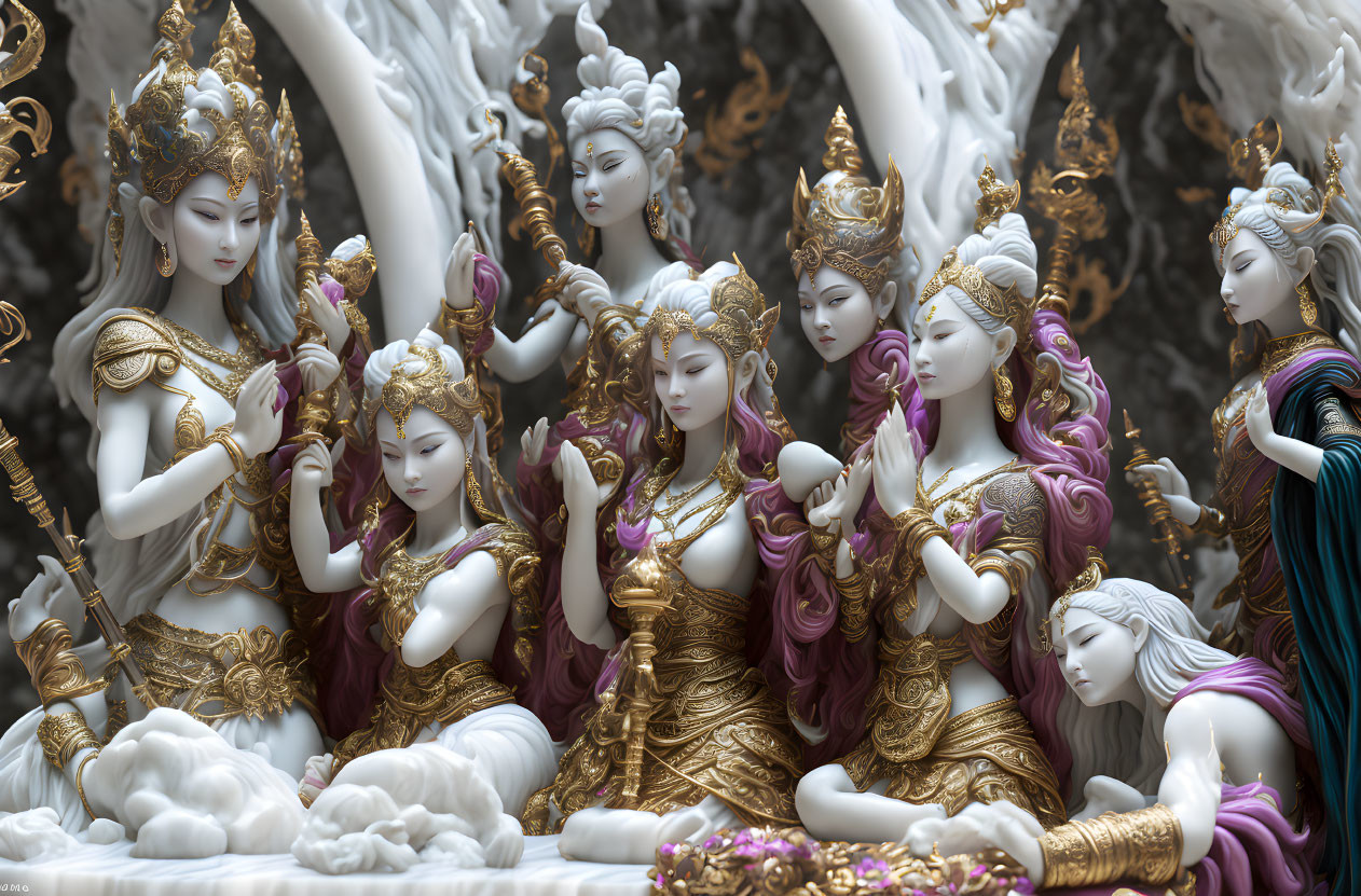 Multiple female statues in ornate gold and white garments on monochrome background