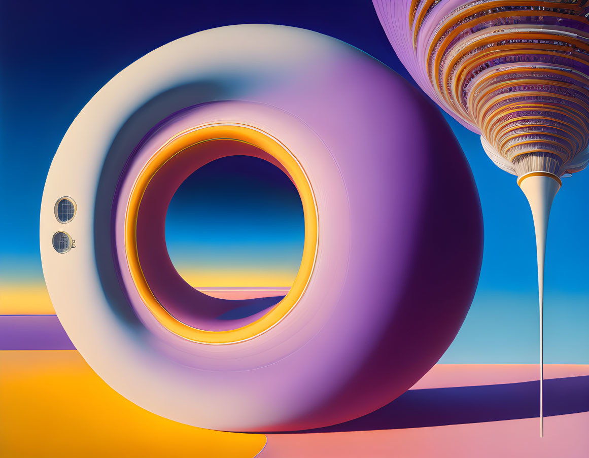 Surreal landscape with purple torus and spiraled tower