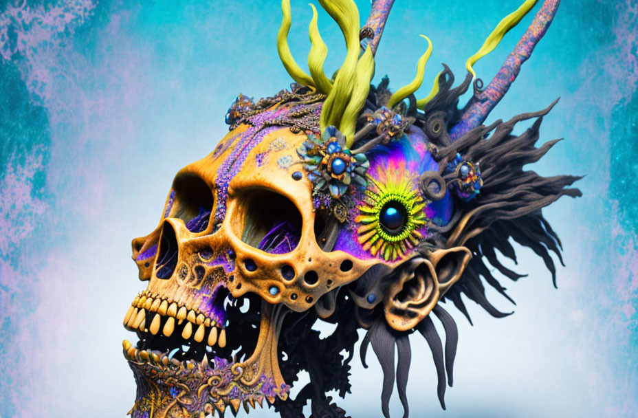 Colorful fantasy-themed skull with eye, tentacles, and marine life on blue background