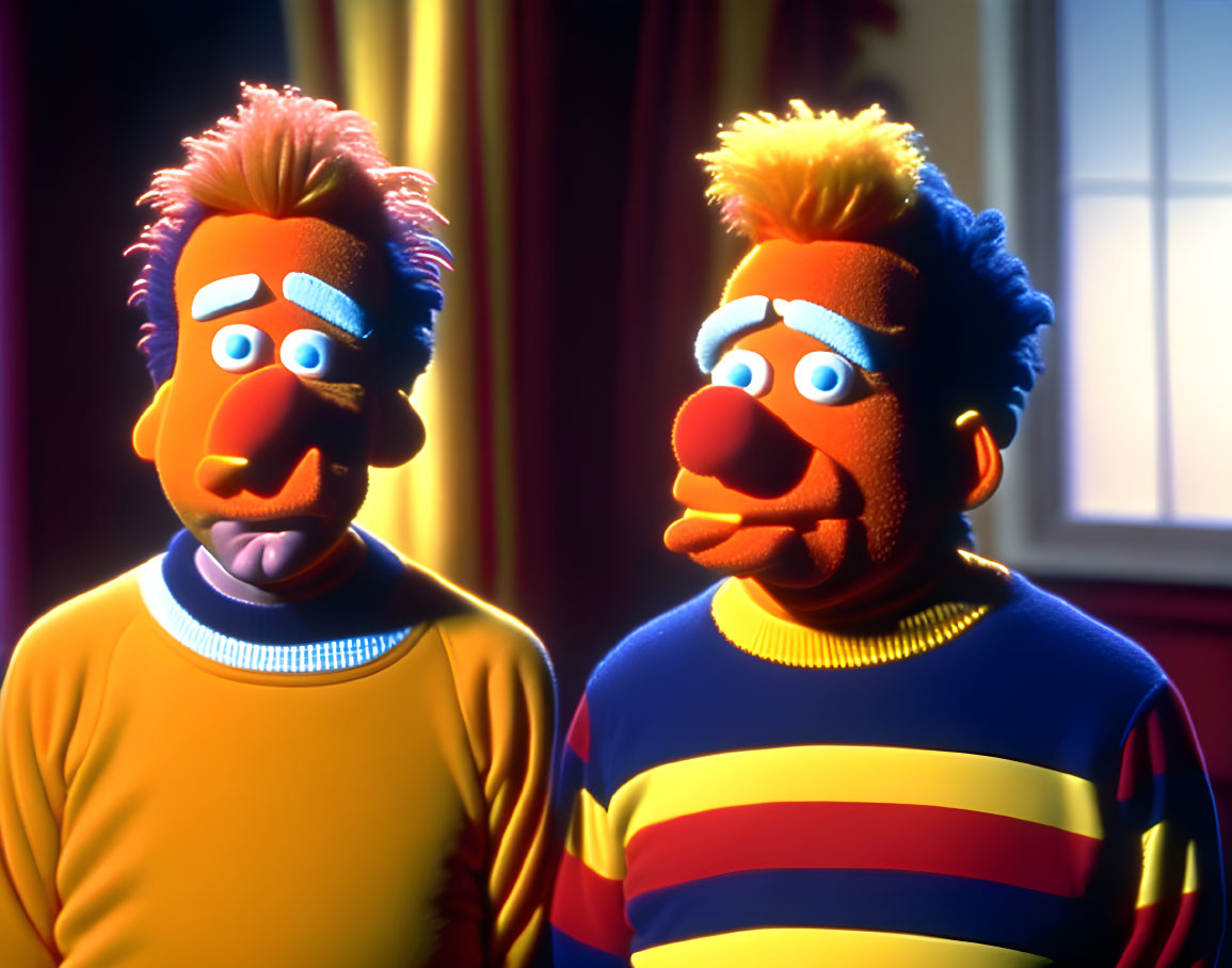 Two male animated characters with orange and yellow hair in striped sweaters, appearing puzzled