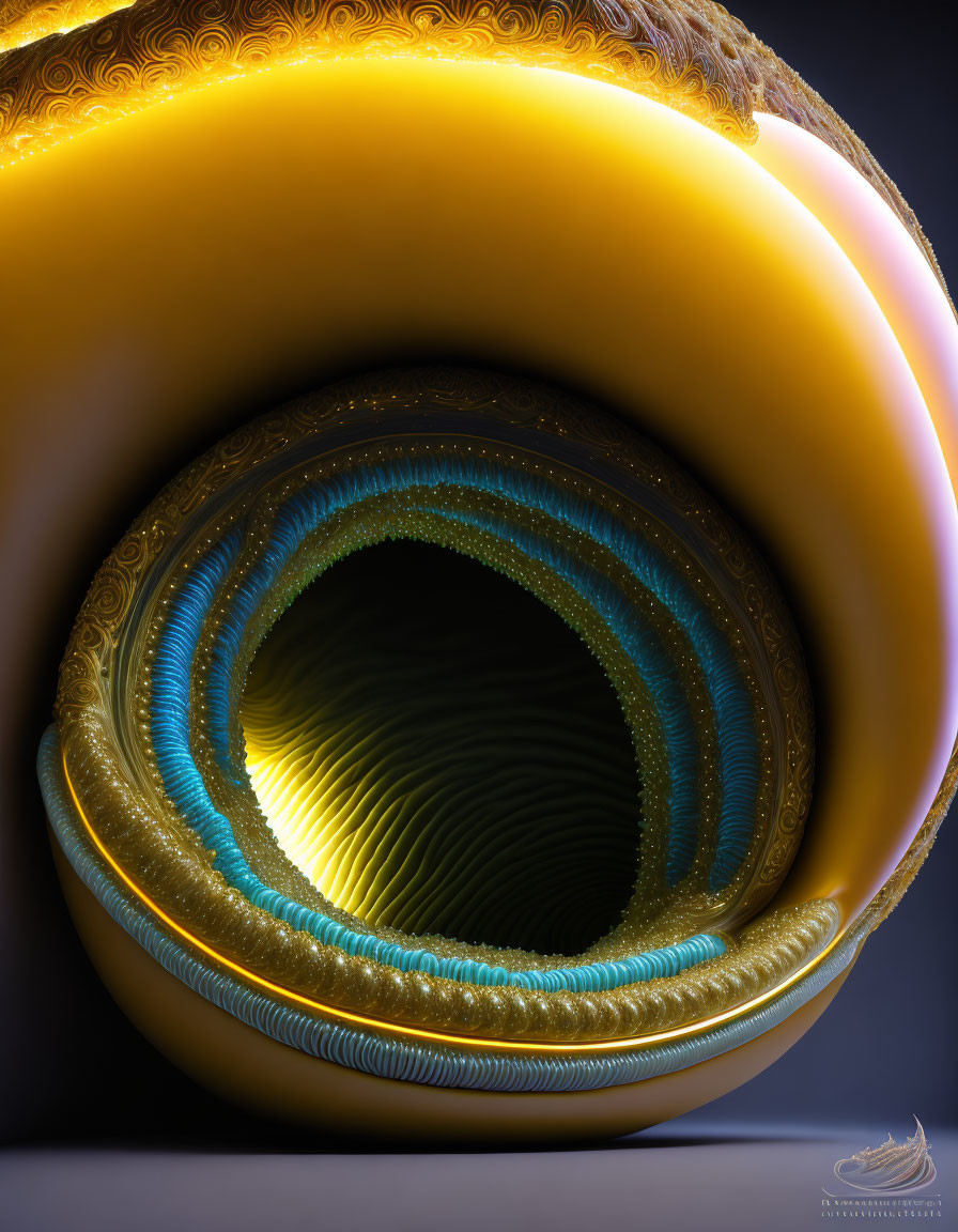 Swirling gold and blue fractal pattern with tunnel-like illusion