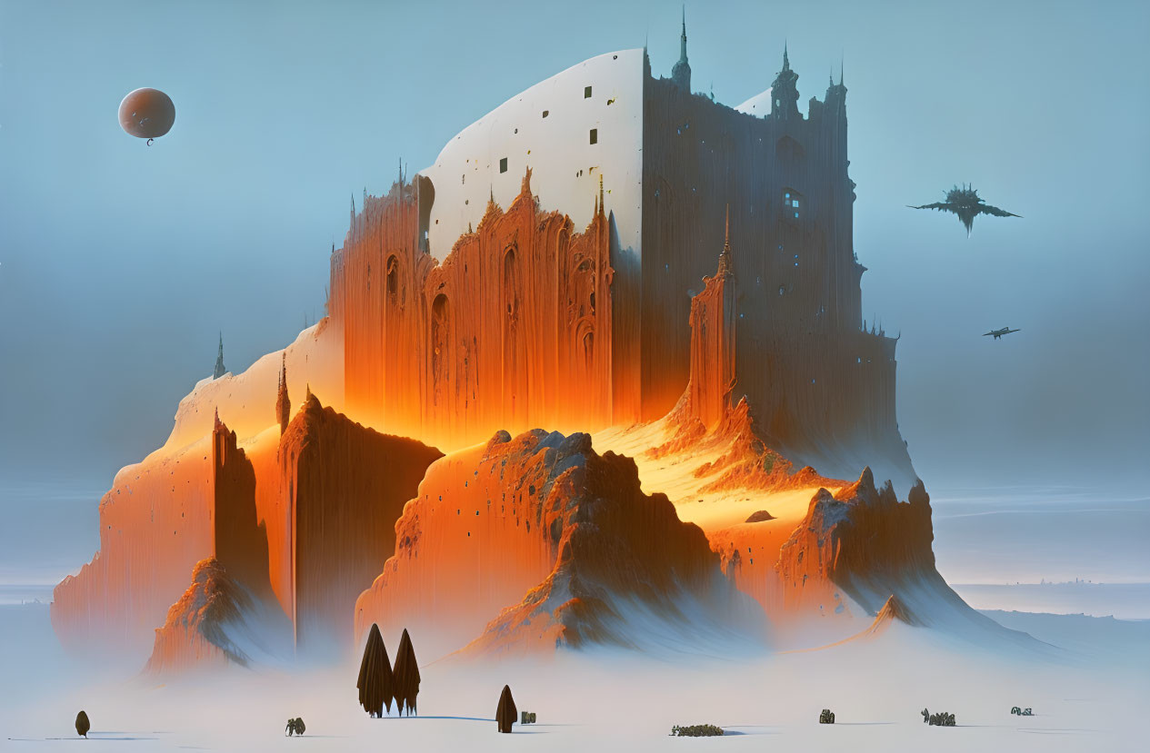 Fantastical landscape with towering castle-like structure on orange plateau