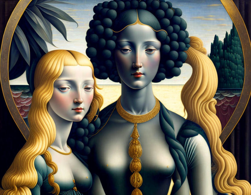 Portrait of two women with dark and blonde hair against a landscape.