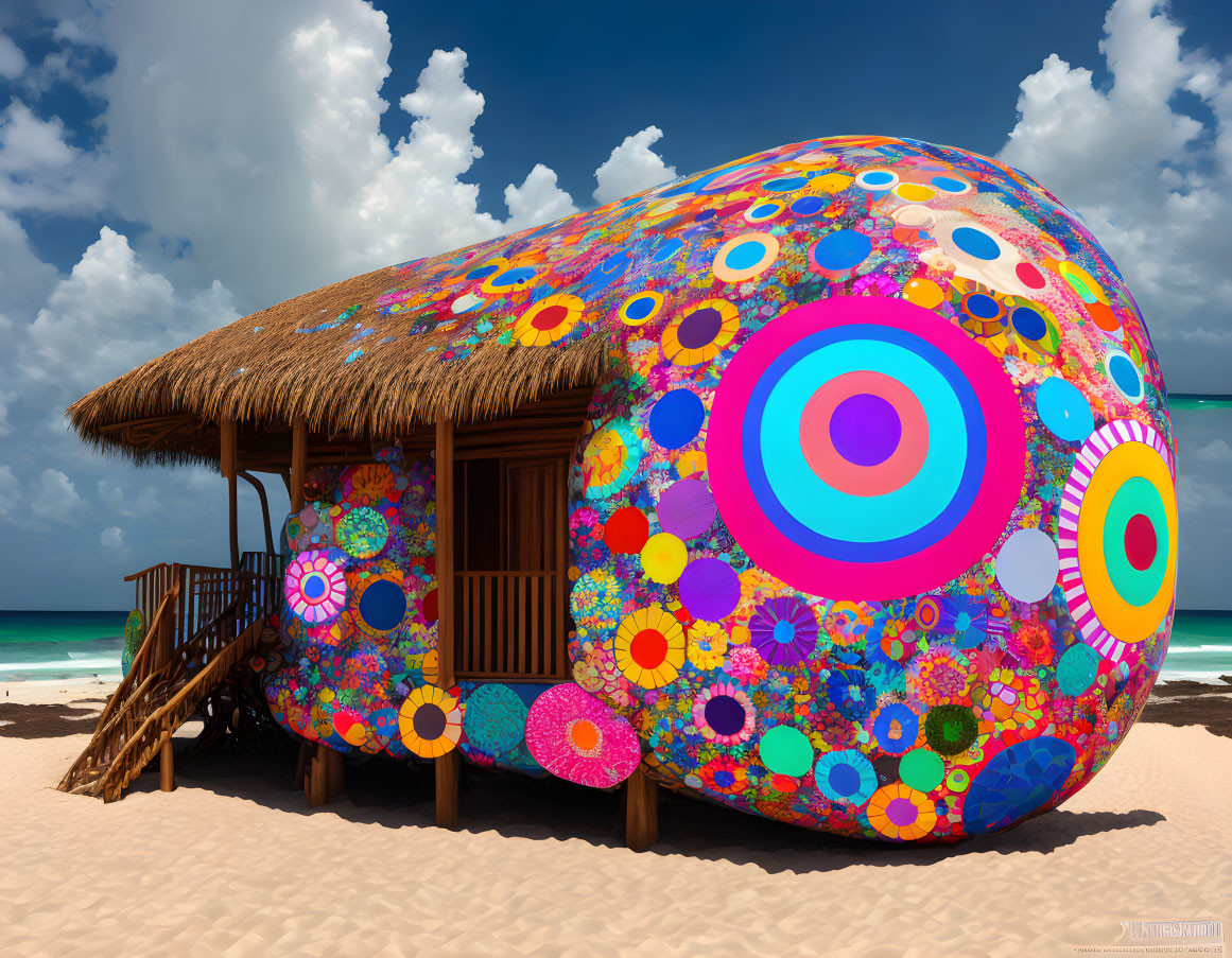 Colorful Dome-Shaped Thatched Roof Structure on Sandy Beach