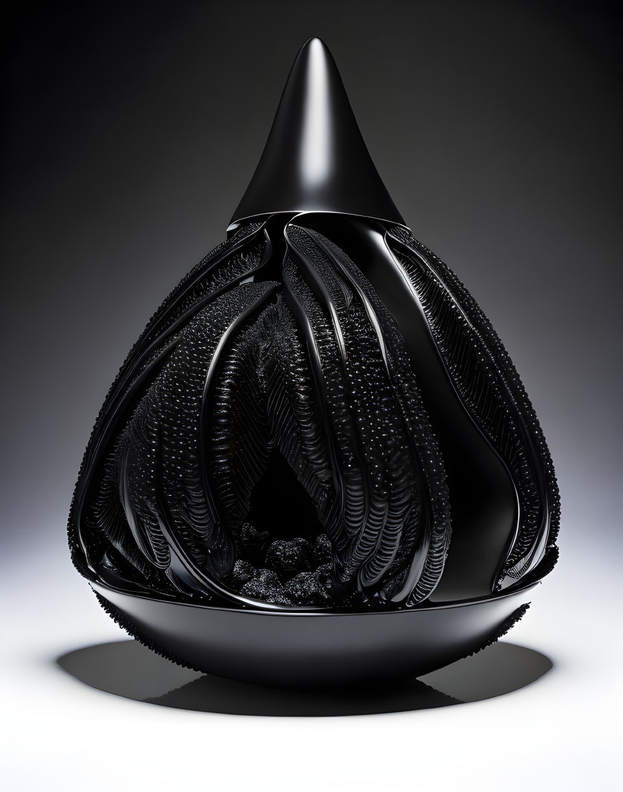 Teardrop-shaped black glass sculpture with intricate layers on dark background