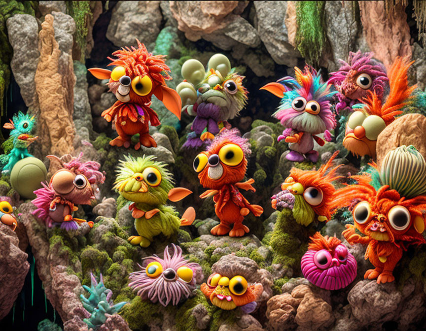 Fantasy cave scene with colorful, whimsical creatures and varying eye sizes.