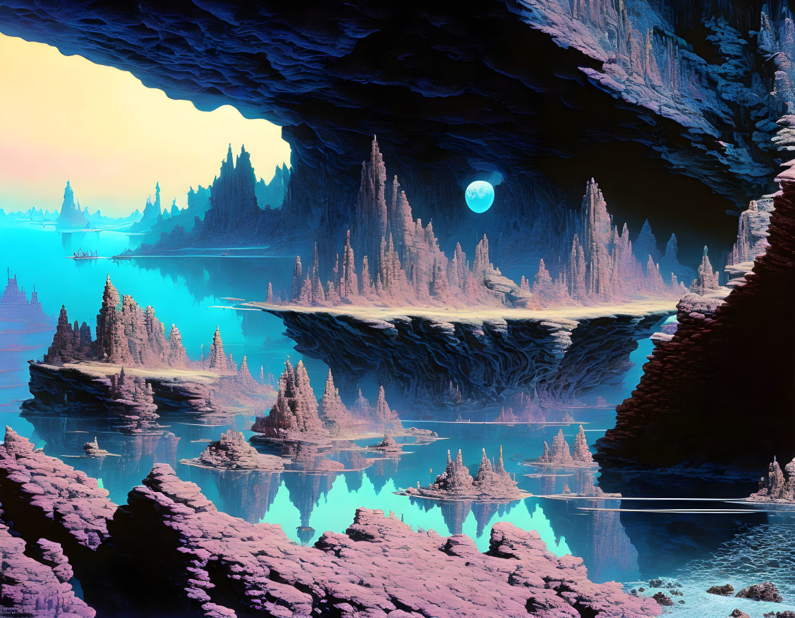 Vibrant inverted mountain landscape under cavernous ceiling